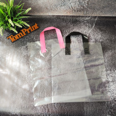 Пакет "петля" прозорий 30x35см, 60 мкм, ПВТ, донна складка 3 см, ручка біла/чорна/рожева